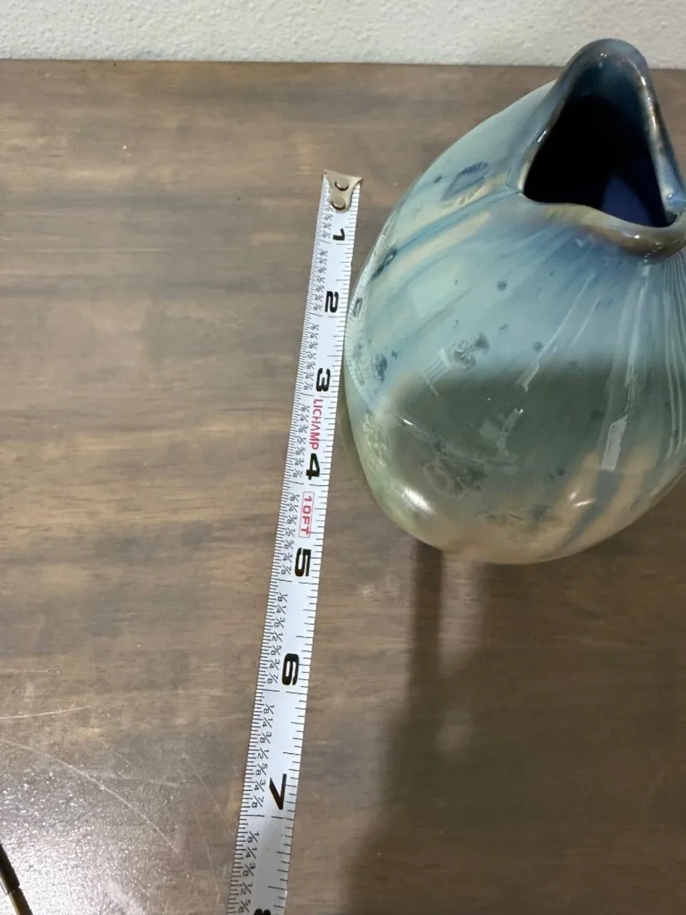Bill Campbell Signed Crystalline Pottery Vase Fish Mouth Teal Beige Brown
